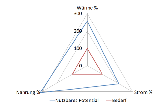 Abbildung 2: Gemeinde Kammern, Energiebedarf (rot) und nutzbares Energiepotential (blau) für die Bereiche Strom, Wärme und Nahrung